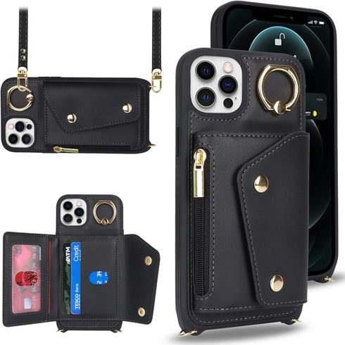for iPhone 12/12 Pro Case with Card Holder and Strap - Zipper Pocket,Crossbody Lanyard Strap,Credit Card Holder,Stand Ring,Cute Phone Wallet Case ...