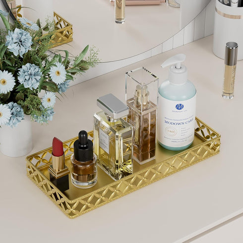 Bathroom Vanity Tray for Counter Organizer - 11 Inch Small Decorative Tray Gold Rectangle Countertop Tray for Perfume Makeup Cosmetic Jewelry...