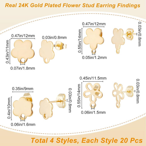 Beebeecraft 1 Box 80Pcs 4 Style Flower Stud Earring Findings 24K Gold Plated Flower Ear Studs with Loops Spring Earring Component for Mother’s Day...