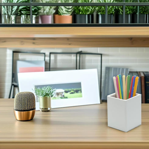 UnionBasic Square Pen Holder, Leather Pencil Cup, Desktop Caddy Stationery Organizer, White...