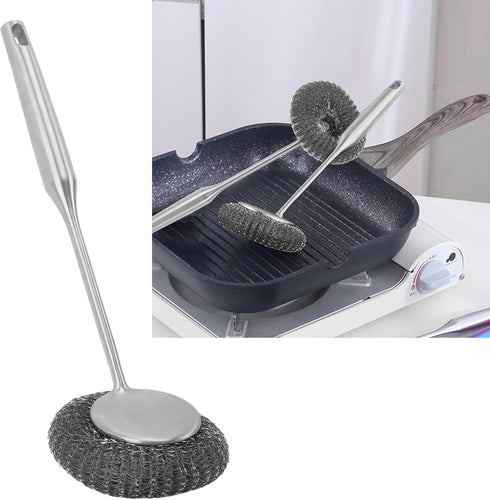 Stainless Steel Wool Scrubber with Long Handle, Handheld Scrubbing Cleaner Brush Scrubbing Scouring Pad, Stainless Steel Scrubbing Brushes Cleanin...