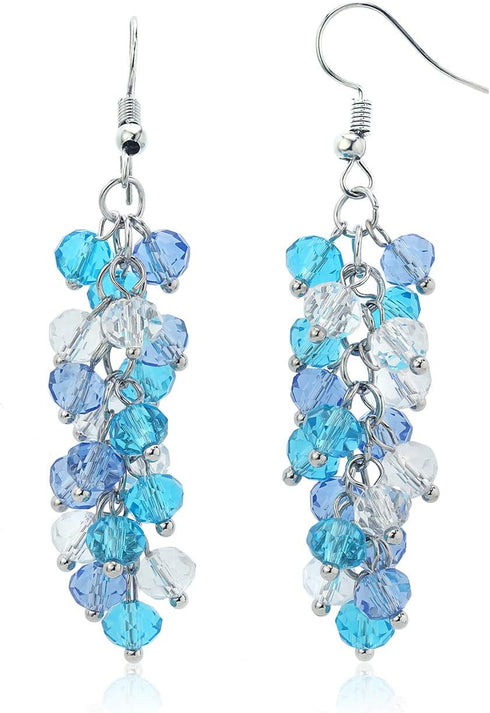 Gem Stone King 2 Inch Ocean Blue Cluster Faceted Crystal Dangle Hook Earrings For Women 2 Inch...
