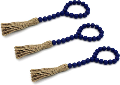 CVHOMEDECO. Wood Beads Garland with Tassels 3 PCS Farmhouse Rustic Wooden Prayer Bead String Wall Hanging Accent for Home Festival Decor. Navy Blu...