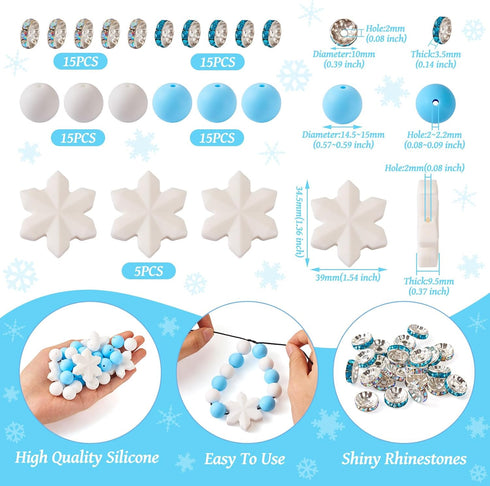 Cheriswelry DIY Winter Theme Jewelry Making Kits with 30pcs 15mm Round Silicone Focal Beads & 5pcs Snowflake Silicone Beads & 30pcs 10mm Glass Rhi...
