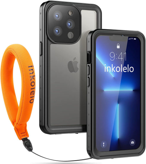 Inkolelo iPhone 13 Pro Waterproof Case, Full-Body Protector, Floating Strap IP68, 6.1 inch (2021) - Matte Black/Orange...