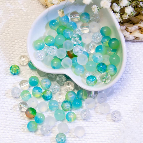 Niziky 100PCS Glass Beads for Jewelry Making, Mix 8MM Green Crackle Lampwork Glass Beads Aurora Crystal Beads Matte Gemstones Spacer Beads Kits fo...