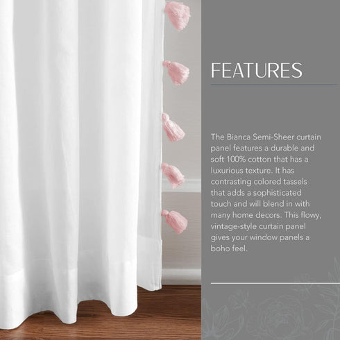 Elrene Home Fashions Bianca Boho Semi-Sheer White Cotton Rod-Pocket Window Curtain Panel with Colorful Side Tassels, 52 inches by 84 inches, Blush...