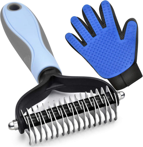 Pet Grooming Brush Double-Sided Undercoat Rake for Dogs & Cats - Shedding and Dematting Comb for Dogs &Gentle Deshedding Brush Glove Grooming kit ...