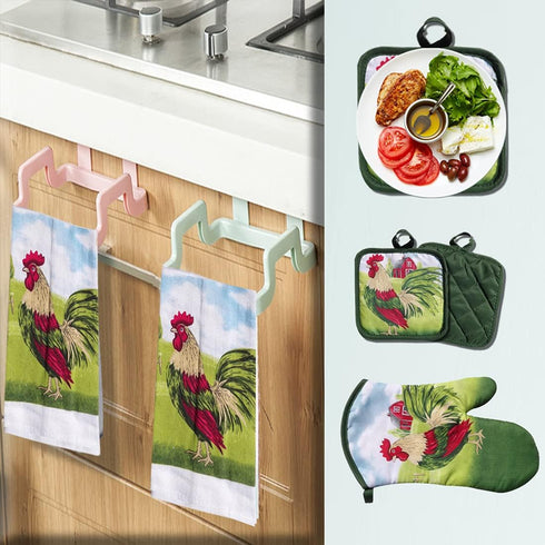 Lobyn Value Packs: 5-Piece Country Kitchen Towel Set – Proud Rooster & Red Barn Motif, 2 Lightweight Terry Cloth Dish Towels Quilted Oven Mitt & 2...