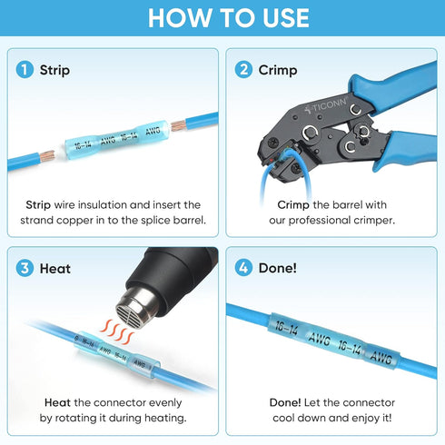 TICONN 240 PCS Heat Shrink Butt Connectors Kit, AWG 24 – 10 4 Sizes Butt Splice, Insulated Waterproof Electrical Marine Automotive Wire Crimp Term...