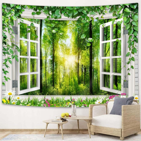 Forest Nature Landscape Tapestry, Summer Lush Plant Tree Window Wall Art Tapestries, Flower Sunflower Vine Tapestry Wall Hanging for Bedroom Livin...