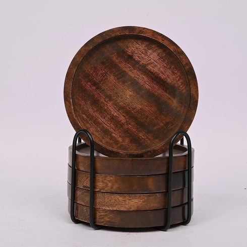 Mango Wood Coasters for Drinks with Iron Holder Stand Set of 5 for Countertop and Surfaces from Water Marks or Damage (4.5 x 4.5 x 0.5)...