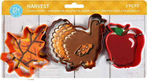 R&M Harvest Thanksgiving Cookie Cutter 3 Piece Gift Set. Includes Fall Leaf, Thanksgiving Turkey, Apple. Orange, Brown Red Polyresin Coated...