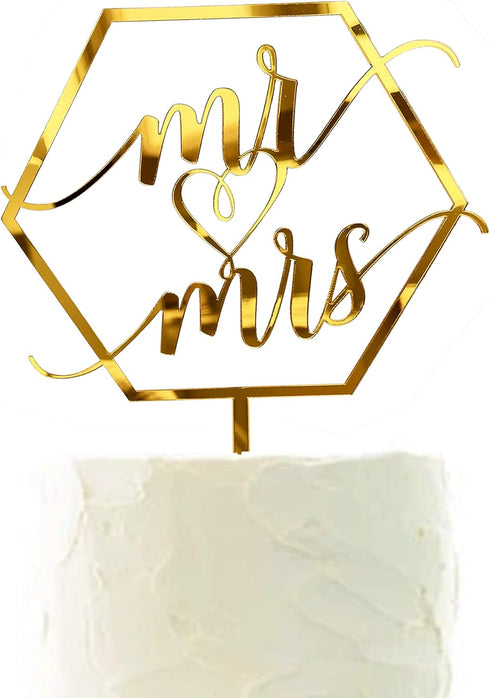 Larger Size Acrylic Mirror Gold Hexagon Elegant Handwriting Mr and Mrs Cake Toppers, Wedding, Bridal Shower, Engagement, Anniversary Monogram Cake...
