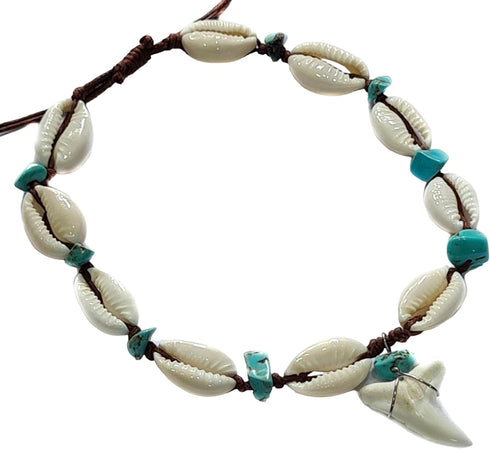 Genuine Mako Shark Tooth Anklet, Handmade Cowrie Shells Anklet for Women Surfer Jewelry EA389-AN...