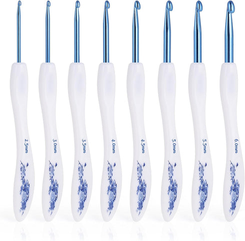 Coopay 8pcs Crochet Hook, Blue & White Porcelain Pattern Ergonomic Handle Crochet Needles for Crocheting, Anti-Slip Design and Premium Material, I...