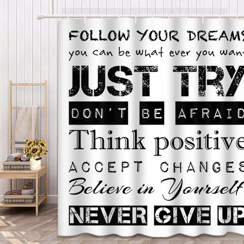 Emvency Black Positive Shower Curtain Quotes Inspirational Motivational Teen Follow Your Dreams Just Try Never Give Up Kids Boys Affirmation Water...