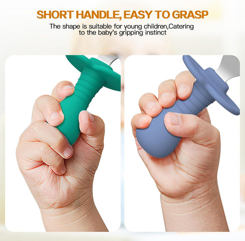 4 Pcs Baby Spoons Toddler Spoons for Self Feeding, Kids Spoons with Silicone Round Handle, Stainless Steel Toddler Utensils Children Safe Silverwa...