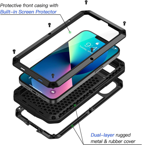 Lanhiem for iPhone 13 Metal Case, Heavy Duty Shockproof Tough Rugged Case with Built-in Glass Screen Protector, 360 Full Body Protective Cover for...
