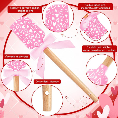 3 Pcs Valentine Silicone Spatulas with Wooden Handles Valentine Pattern Heat Resistant Baking Silicone Spatulas with Pink Satin Ribbon Bows for Ba...