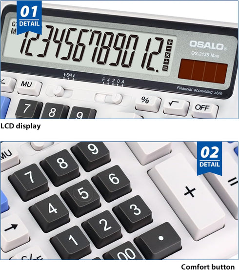 Desktop Calculator Extra Large LCD Display 12-Digit Big Number Accounting Calculator with Giant Response Button, Battery & Solar Powered, Perfect ...