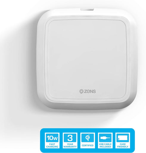 ZENS Wireless Single Qi Charging Pad with 10 Watt Power Output, Works with Apple iPhone, Samsung Galaxy, and All Other Qi-Enabled Devices, White...