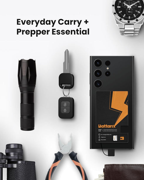 BATTARIX Power Card - Thin Universal Phone Charger Emergency Survival Everyday Carry Lightning & USB C for Android + iPhone (Single Use, Pre Charg...