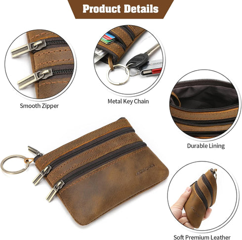 Jack&Chris Coin Purse Pouch for Men, Genuine Leather Coin Purse Zipper Pocket with Keychain Ring, Coin Bag for Men,JC301-8...