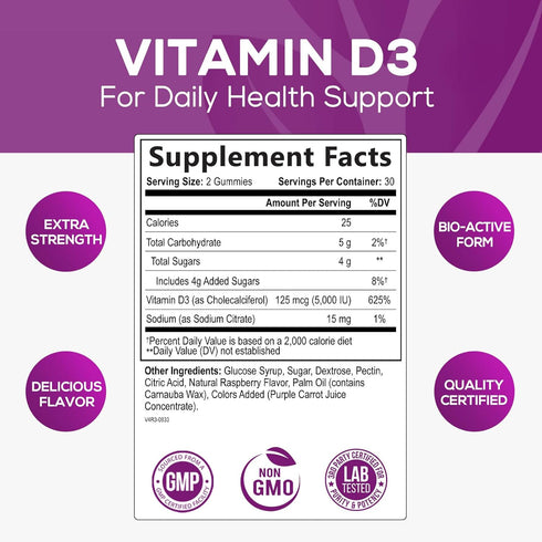 Vitamin D3 Gummies Extra Strength 5000 IU (125 mcg) - Raspberry Flavor Gummy Vitamins - Vitamin D Dietary Supplement for Bone, Teeth, Muscle & Imm...