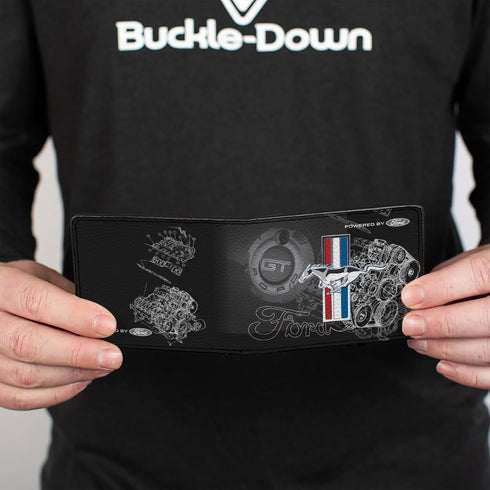 Buckle-Down Men's PU Bifold Wallet-Mustang Tri-Bar Stripe/GT Motor Blueprint, Multicolor, 4.0" x 3.5"...
