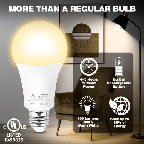 AmeriTop Rechargeable Emergency LED Light Bulb - 2 Pack A19 Battery LED Bulbs for Power Outage Camping Outdoor Activity Hurricane 850 Lm 9W 60W Eq...