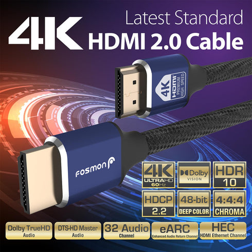 Fosmon HDMI 2.0 Cable 4K@60Hz 10ft, Premium Certified in-Wall CL3 Rated, 18Gbps Super High Speed, HDR, HDCP 2.2/1.4, 3D, ARC, 30AWG Cotton Braided...