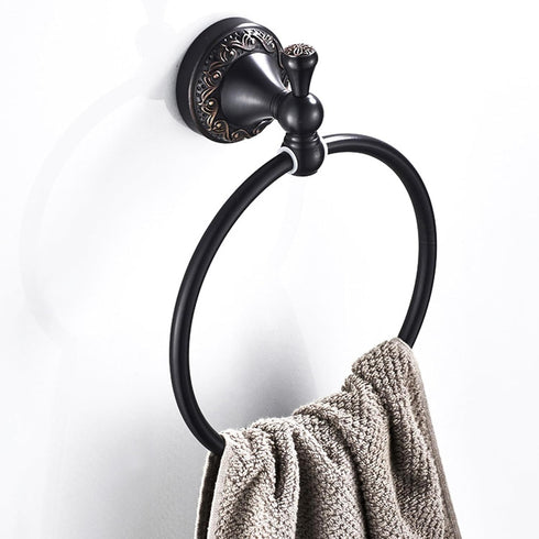 Oil Rubble Bronze Brass Bath Towel Ring, Wall Mounted Black Bathroom Hardware Accessories, Pattern Carving Design...