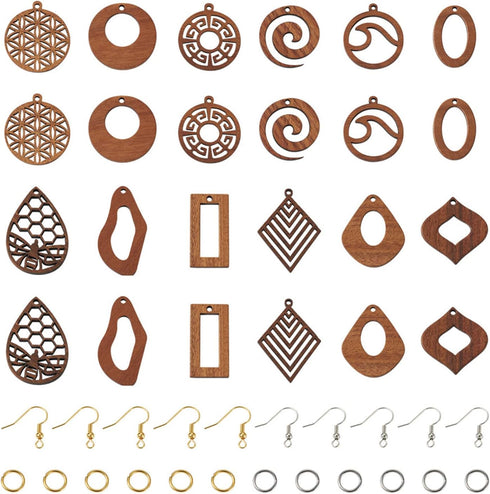 FASHEWELRY 24Pcs Natural Filigree Wood Earring Charms Blank Flat Round Teardrop Oval Walnut Wooden Pendants with 120pcs Earring Hooks Jump Rings f...