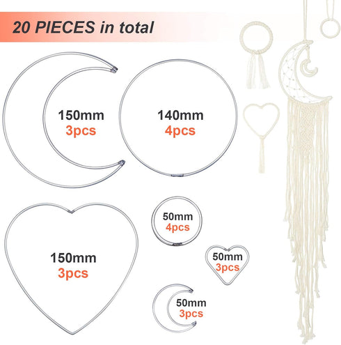 20 Pieces Metal Dream Catcher Rings Circle Heart Moon Shaped Catcher Rings Macrame Hoop Rings for DIY Crafts Wedding Wreath Wall Hanging Decor...