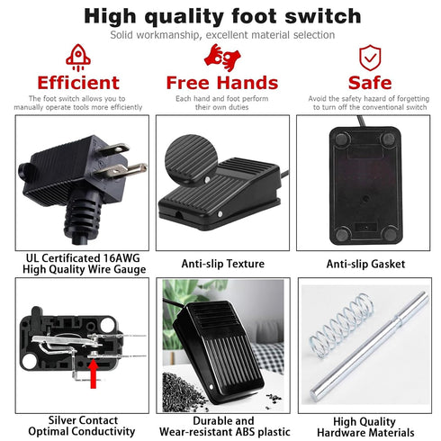 Foot Switch, Foot Pedal Switch 6-ft Cable with 3-Prong Piggyback Plug, Foot Operated Pedal Controller Power Switch Deadman Style for Woodworking M...