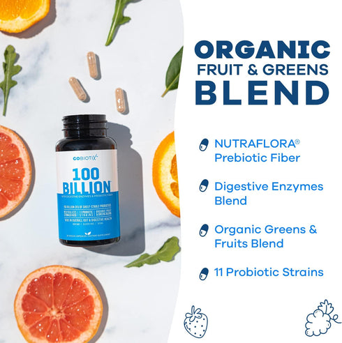GOBIOTIX 100 Billion - Digestive Enzymes Supplement - Probiotics Multivitamin - Prebiotic Fiber Blend - 100 Billion CFU - Organic Fruit and Greens...