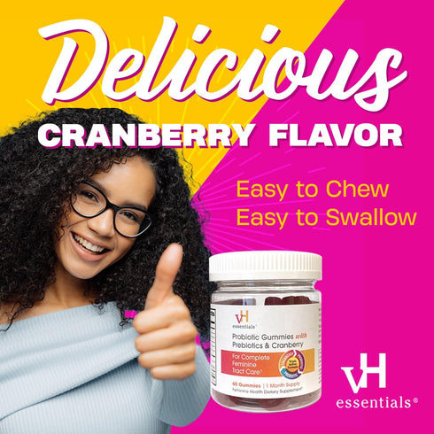 vH essentials Probiotic Gummies with Prebiotics & Cranberry, Concentrated Extract for Urinary Tract Health, Supports Vaginal Microflora Balance fo...