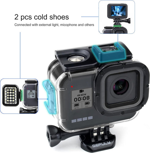 60M/196FT Waterproof Housing Case for GoPro Hero 8 Black, Dual Cold Shoe Slots Protective Underwater Diving Housing Shell for GoPro Hero 8 Black A...