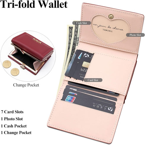 Wallet for Women Cute Wallet Card Holder for Girls Small Trifold RFID Blocking Wallet Zipper Leather Short Purse (Red)...