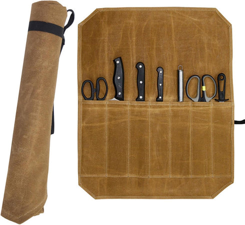 Knife Roll, Waxed Canvas Chef's Knife Roll Bag, 7 Knife Slots for Cutlery Knives and Kitchen Utensils, Knife Storage Case Knife Carrier Perfect fo...