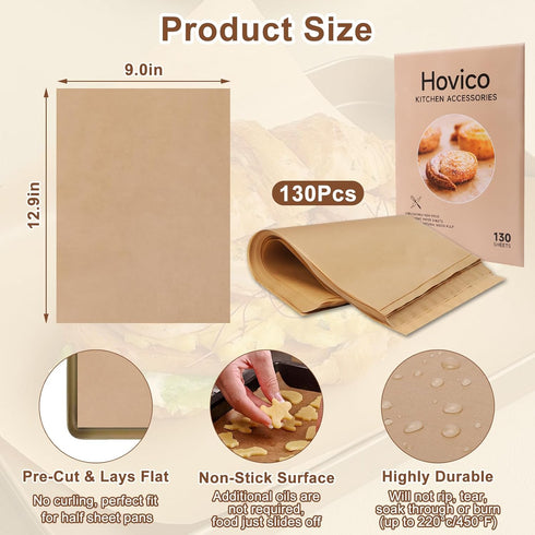 130PCS Parchment Paper Baking Sheets, 13 x 9 In, Precut Non-Stick Parchment Sheets for Baking, Grilling, Air Fryer, Steaming, and More (Unbleached...
