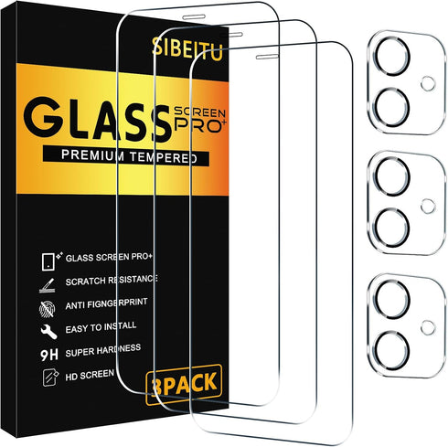 SIBEITU 3 Pack Screen Protector for iPhone 12 with 3 Pack Camera Lens Tempered Glass Protector, 6.1 Inch HD Clear Tempered Glass Film 9H Hardness ...