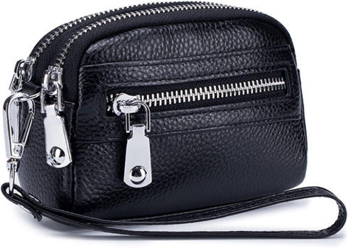 Genuine Leather Mini Wristlet Wallet for Women, 3 Zipped Coin Purse Small Pouch with Wristlet Strap (Black)...