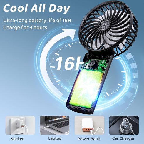 Portable Hand Held Fan-Handheld Personal Fan Rechargeable with 4 Speeds,Super Quiet,16 Hours of Use-Perfect for Airplane Beach Travel,Office,Gifts...