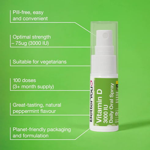 BetterYou Vitamin D3 Spray Liquid Immune Support Supplement, 3000 IU Strength per Single Spray, 0.507 Fl Ounce (100 Sprays), Peppermint Flavour...