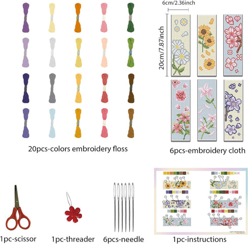 FREEBLOSS 6 Set Bookmark Cross Stitch Kits Stitch Bookmark Cross Stitch Kits with Instructions Bouquet Pattern Punch Needle Kit for Beginners Book...