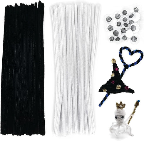 Cldamecy 100 Pcs Black & 100 Pcs White Pipe Cleaners Set with 20 pcs Googly Eyes,Chenille Stems Pipe Cleaners Supplies for Kids DIY Craft Projects...