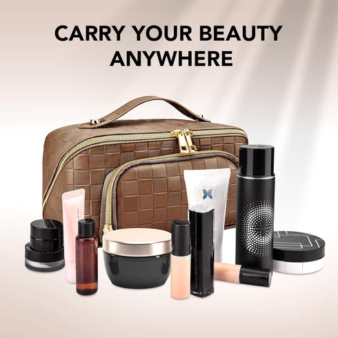 stona Travel Makeup Bag for Women, Large Capacity PU Leather Waterproof Checkered Cosmetic Bags, Portable Pouch Open Flat Toiletry Bag, Make up Or...