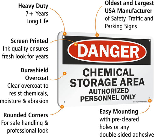 SmartSign - U9-1214-NA_7x10 "Danger - Chemical Storage Area, Authorized Personnel Only" Sign | 7" x 10" Aluminum Black/Red on White...